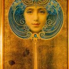 Vivid painting of woman with swirling blue hair and gold frame.