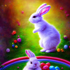 Vibrant Easter illustration with rabbits, eggs, and flowers