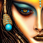 Fantastical female face with tribal jewelry and yellow eye on golden background