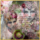 Stylized women with intricate headpieces and jewelry among roses