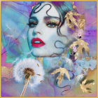 Digital portrait of woman with blue eyes and makeup in surreal floral setting