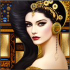 Illustrated portrait of a woman with gold jewelry, blue feathers, tattoos, on golden background