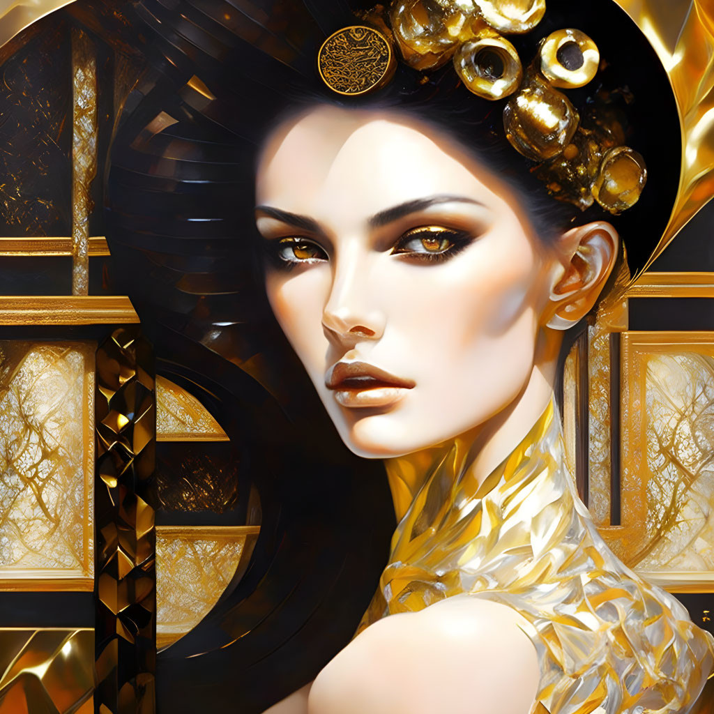 Woman with gold jewelry on golden background.