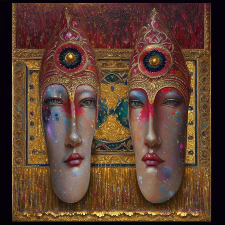 Ornate galaxy-themed masked faces on golden backdrop