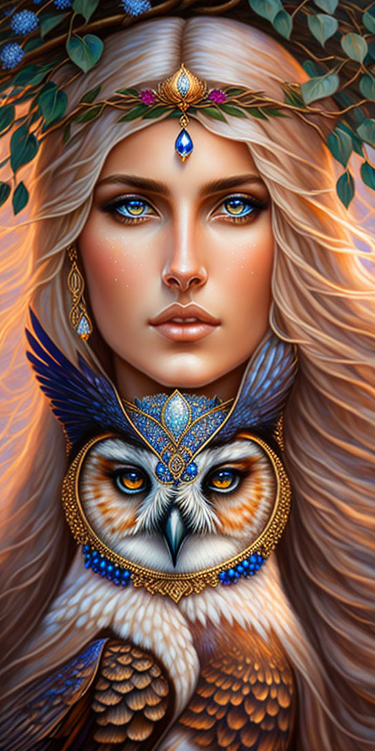 Digital artwork: Woman with leafy crown and owl with intricate details