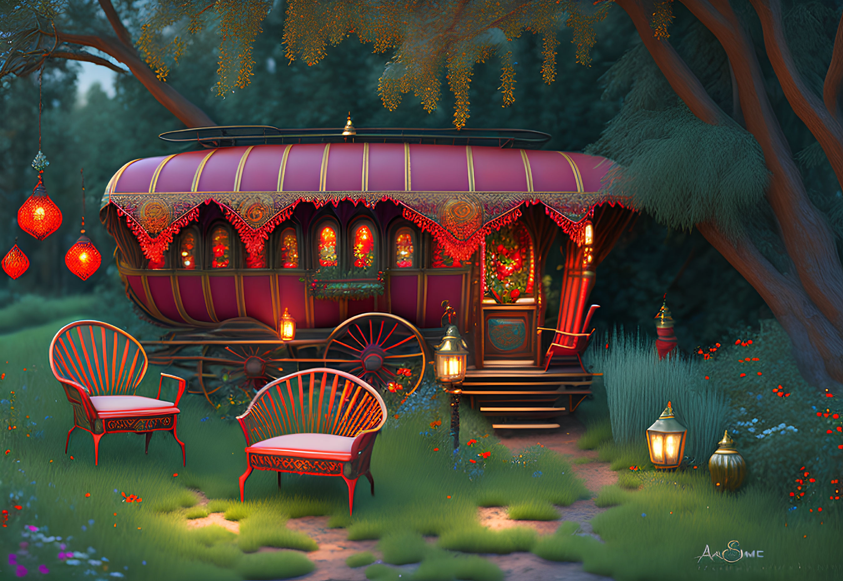 Illuminated caravan in nature with cozy seating and magical ambiance