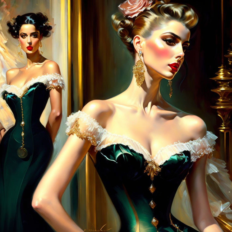 Elegant women in classic painting style with off-shoulder gowns