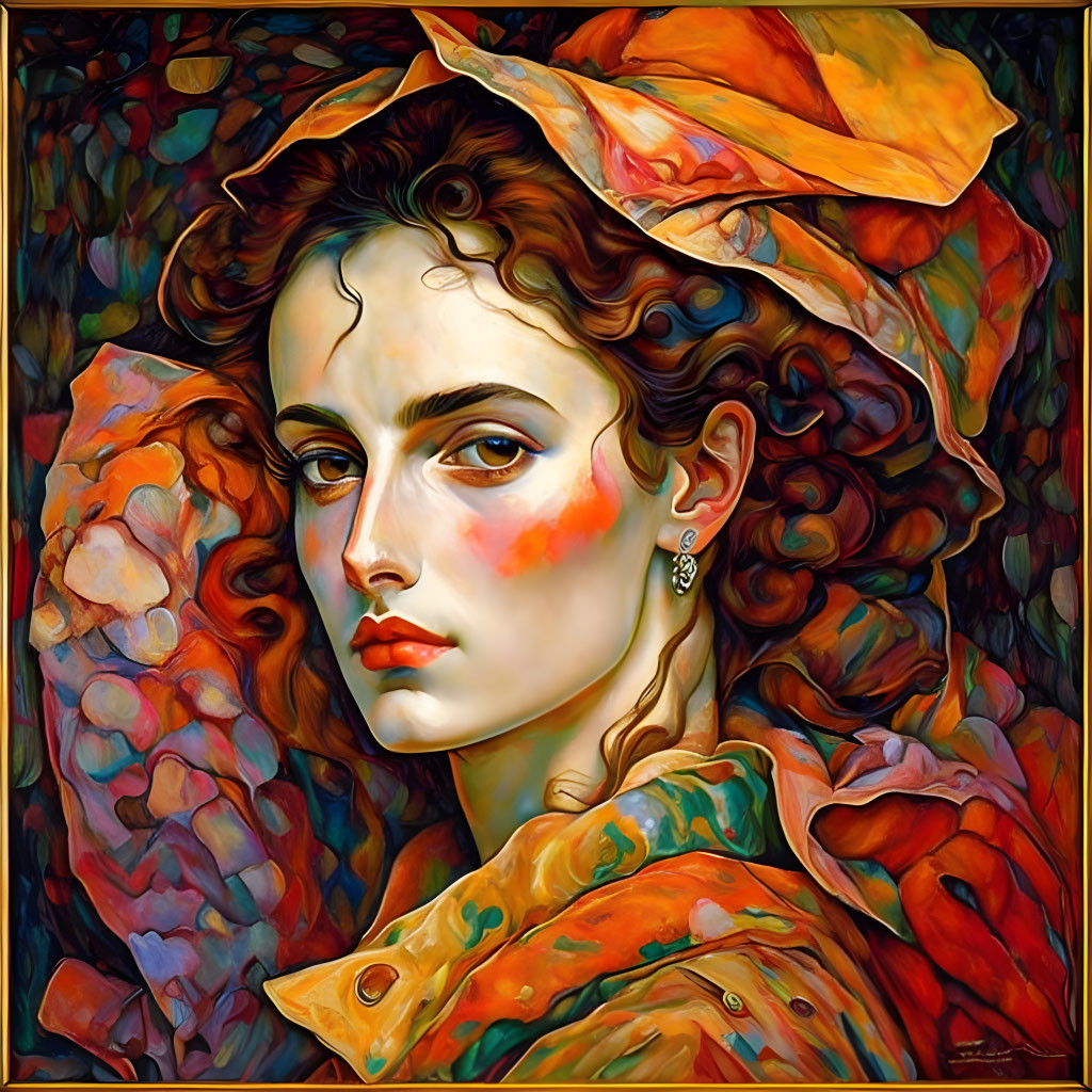 Colorful portrait of woman in orange hat and coat on vibrant background