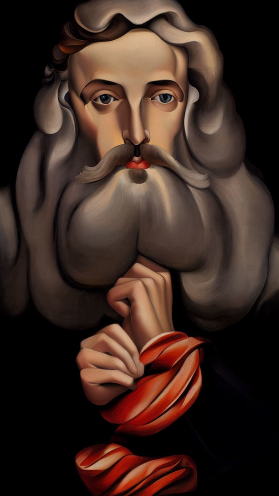 Stylized portrait of man with grey hair and mustache, holding drapery