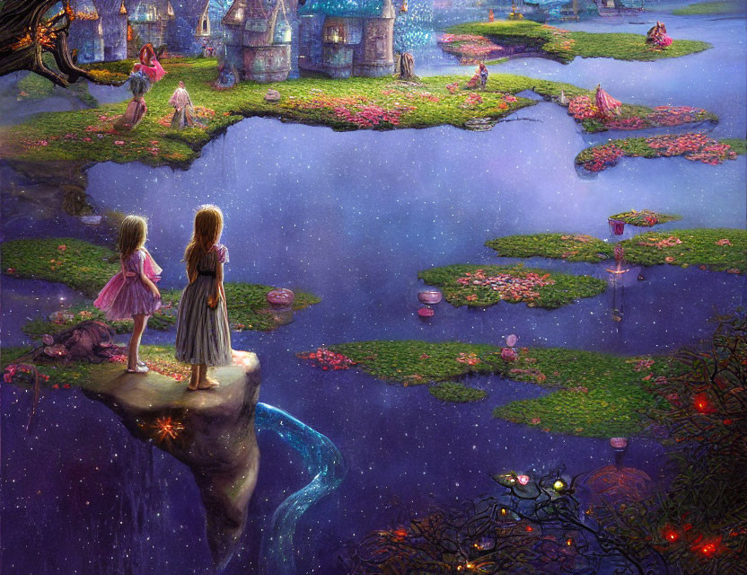 Two girls on cliff with magical floating islands and colorful flora