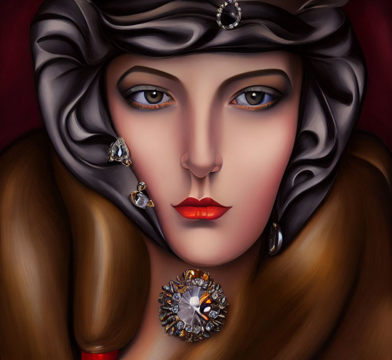 Detailed illustration of woman with striking eyes wearing headscarf and elegant jewelry