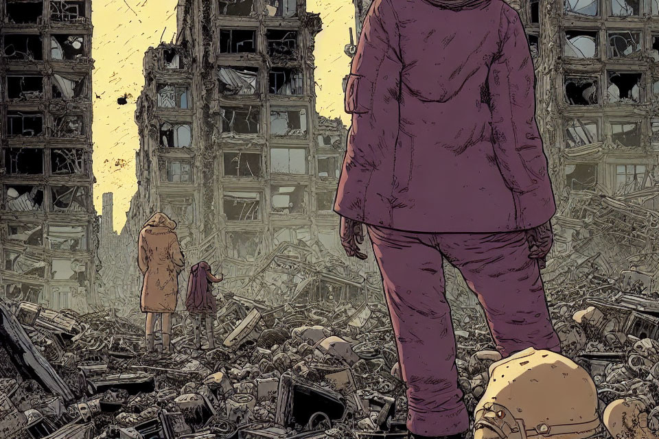 Apocalyptic illustration: Two people amidst ruins and debris