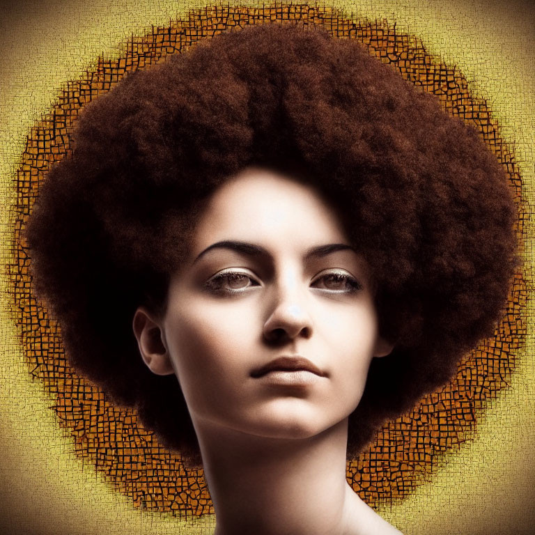 Prominent Afro Hairstyle on Serene Person Against Golden Background