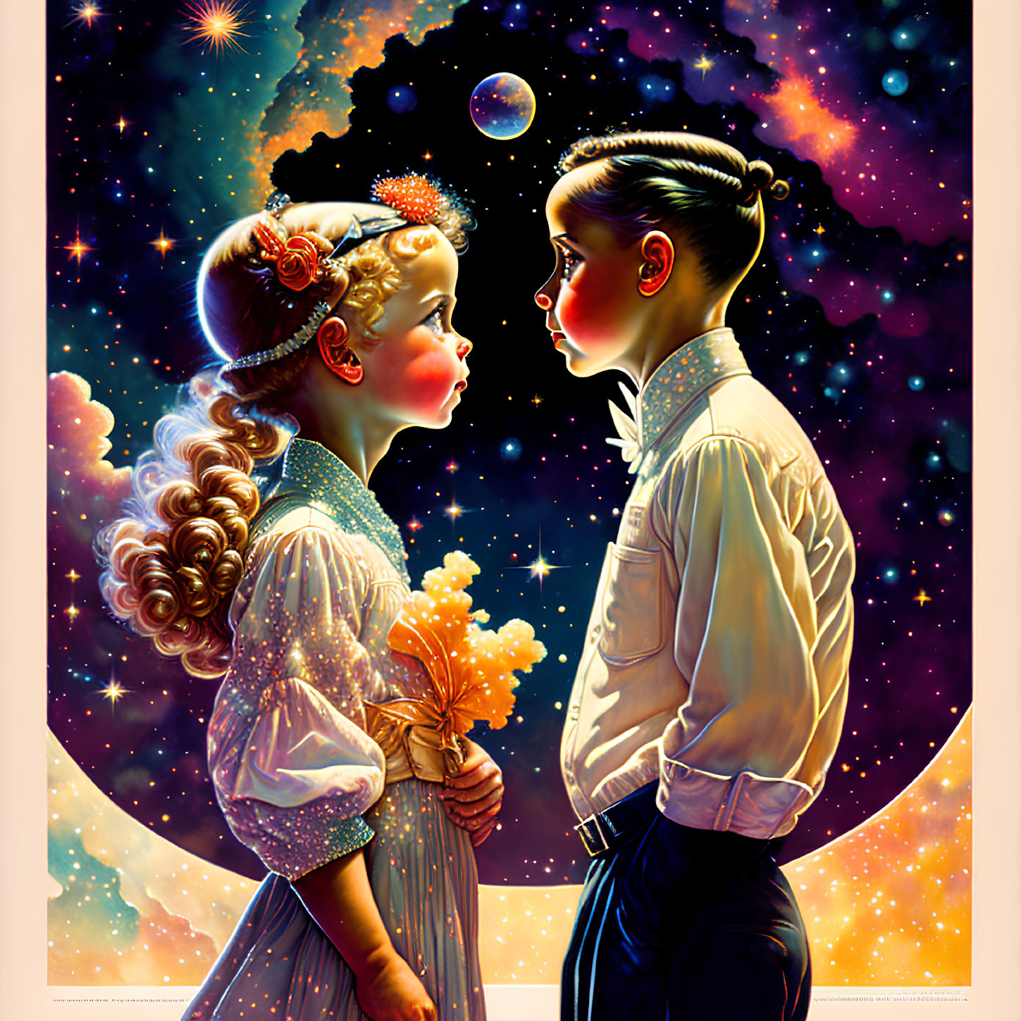 Stylized illustration of boy and girl with cosmic background