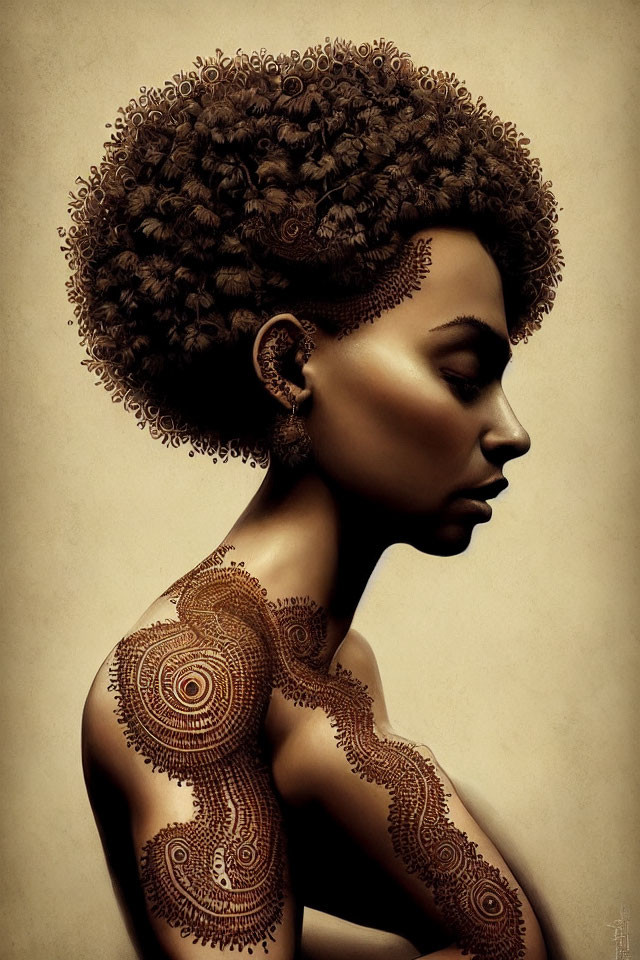 Detailed henna patterns merge with afro hairstyle in woman's profile