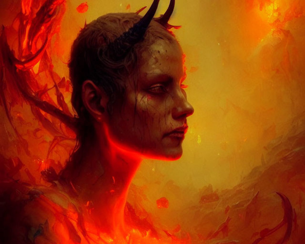 Fiery portrait of creature with horns in swirling flames