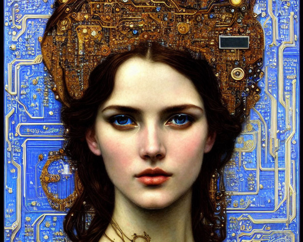 Portrait of young woman with blue circuit board patterns and metallic details.