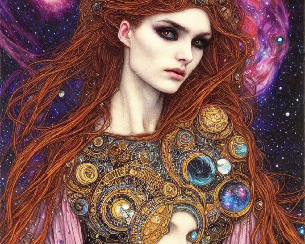 Fantasy illustration: Woman in celestial mechanical headgear, cosmic background, vivid colors