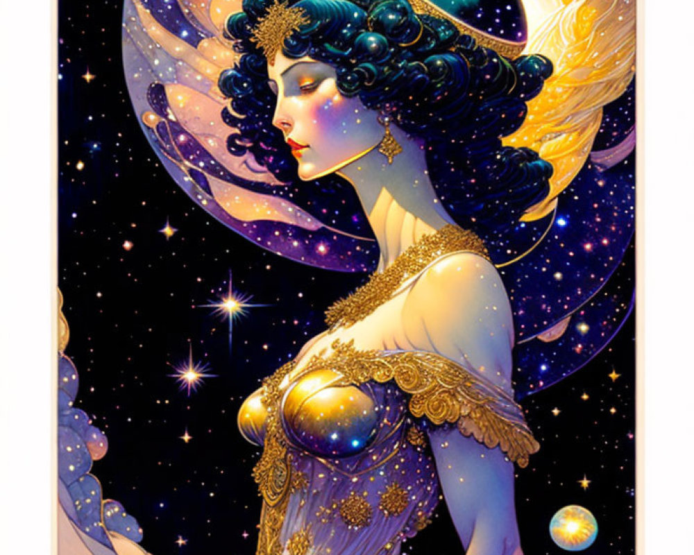 Stylized illustration of woman with dark blue hair in cosmic setting