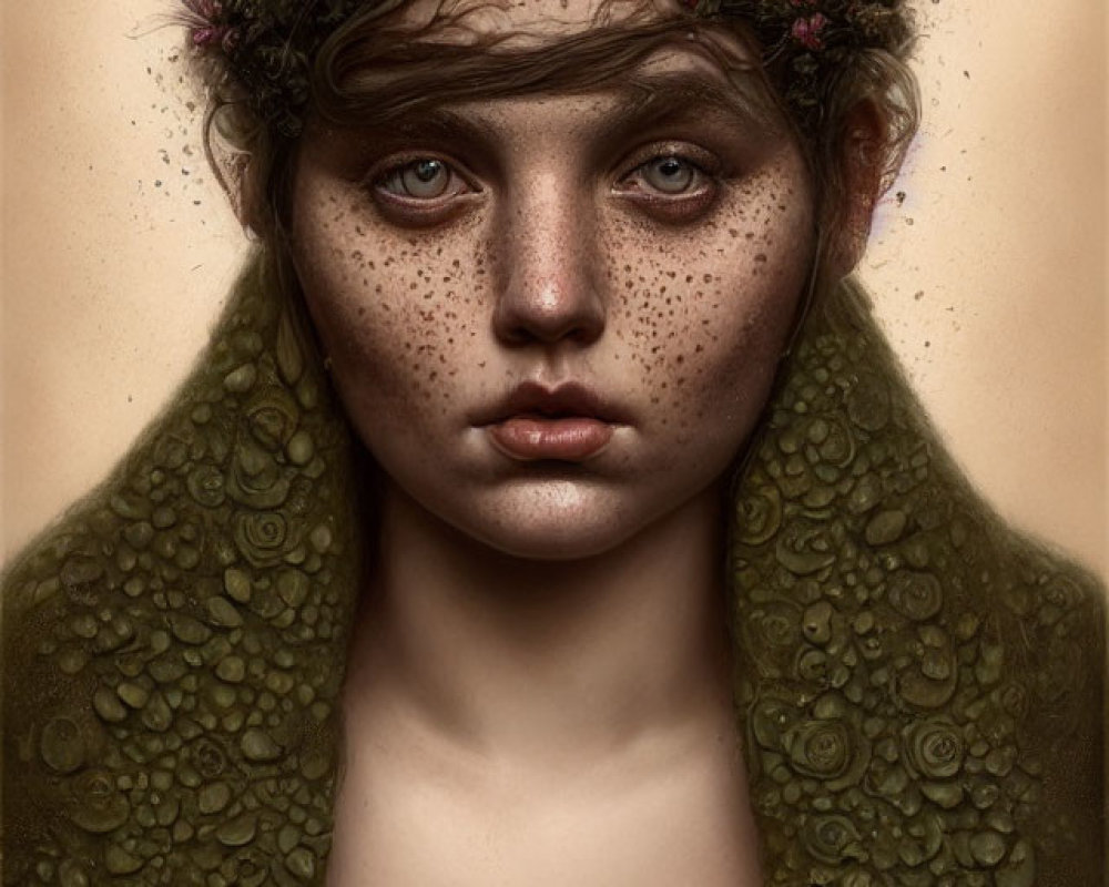 Digital Artwork: Person with Floral Crown, Freckles, and Green Foliage Garment