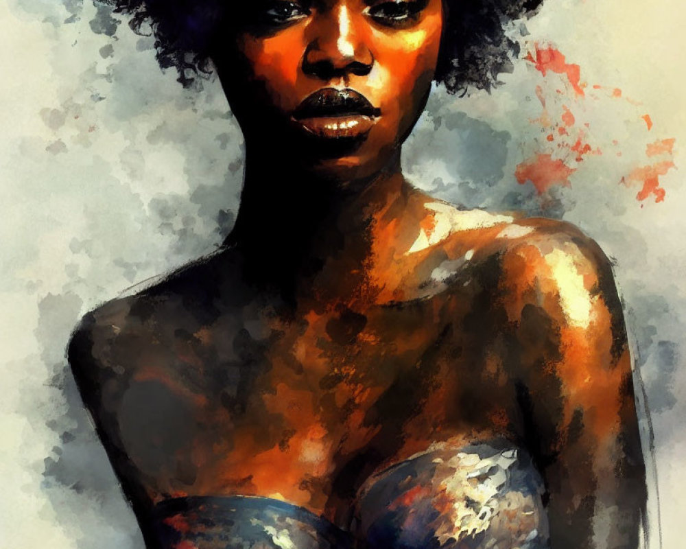 Dark-skinned woman with curly hair in vibrant watercolor portrait