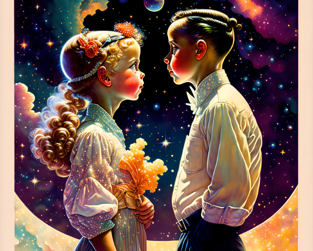 Stylized illustration of boy and girl with cosmic background