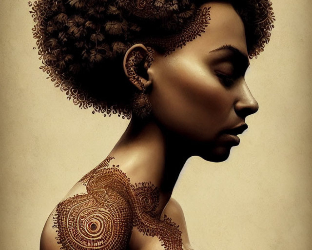 Detailed henna patterns merge with afro hairstyle in woman's profile