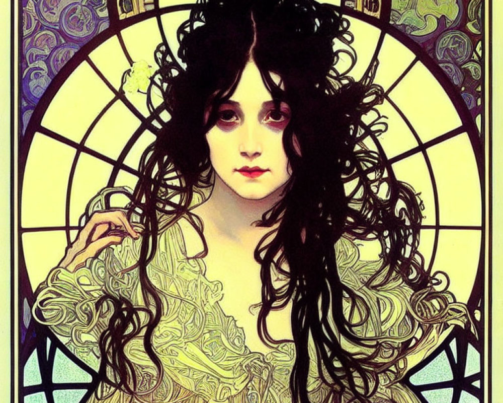 Woman in Art Nouveau-style illustration with flowing dark hair, yellow dress, and stained glass backdrop