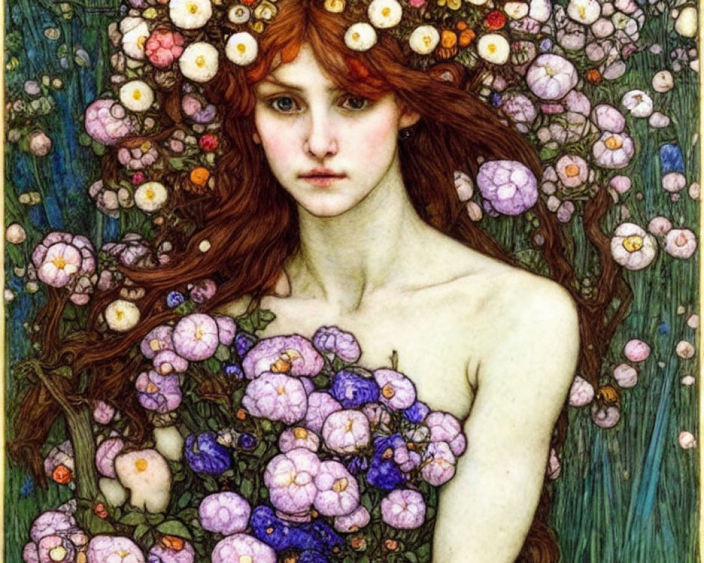 Woman with Red Hair Surrounded by Vibrant Flowers