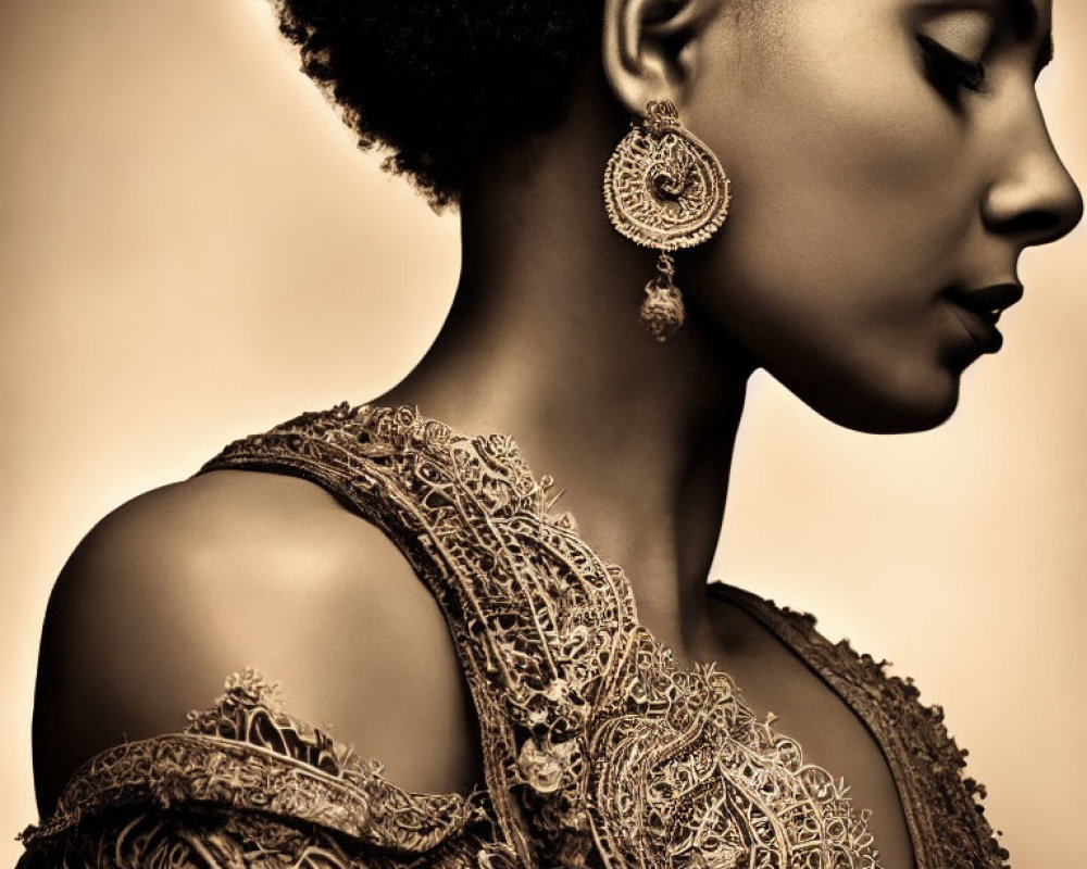 Woman with Afro Hair in Lace Garment & Circular Earrings on Sepia Background