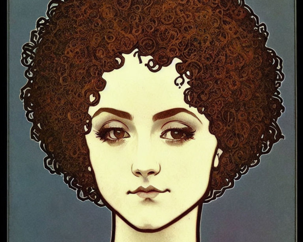 Detailed vintage style illustration of a person with voluminous curly hair and intricate facial features.