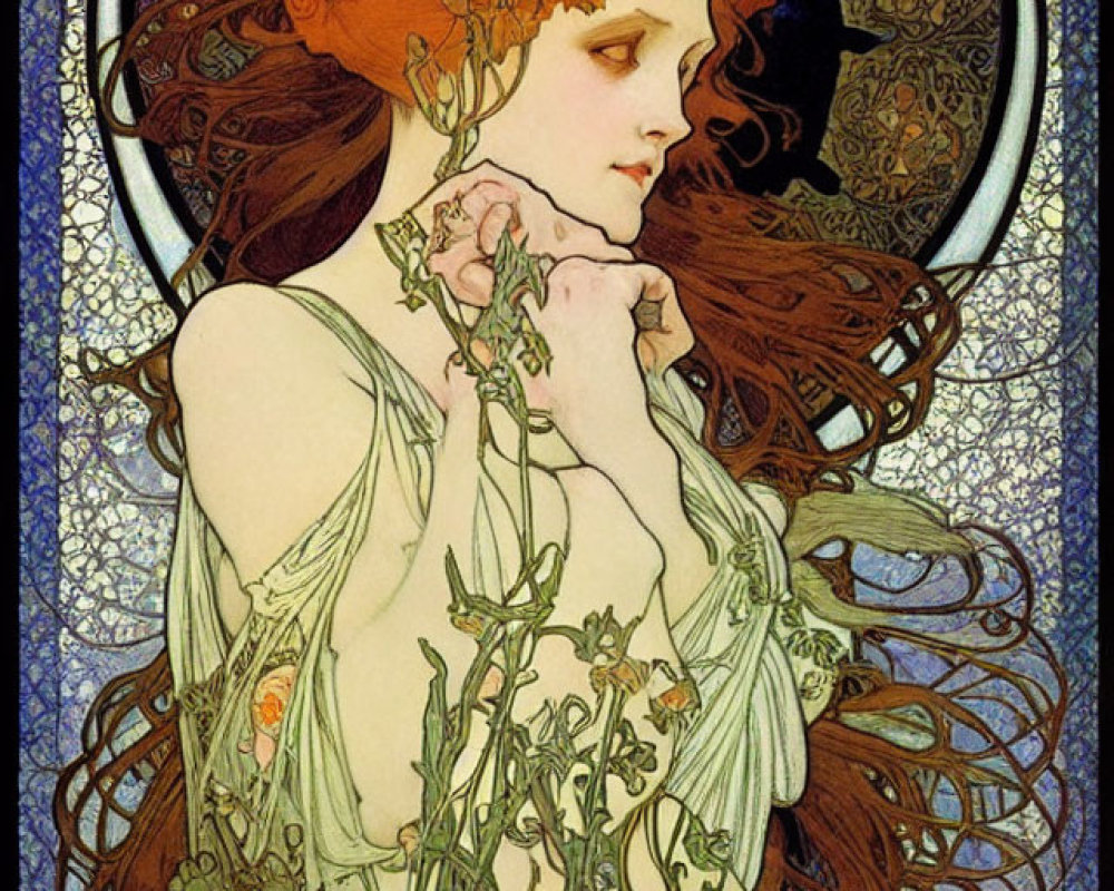 Detailed Art Nouveau Woman Illustration with Red Hair and Butterfly Crown