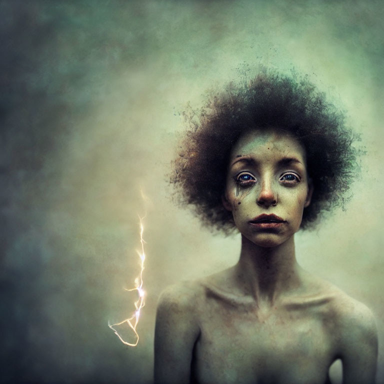 Portrait of person with wide eyes, curly hair, lightning bolt, against gray backdrop