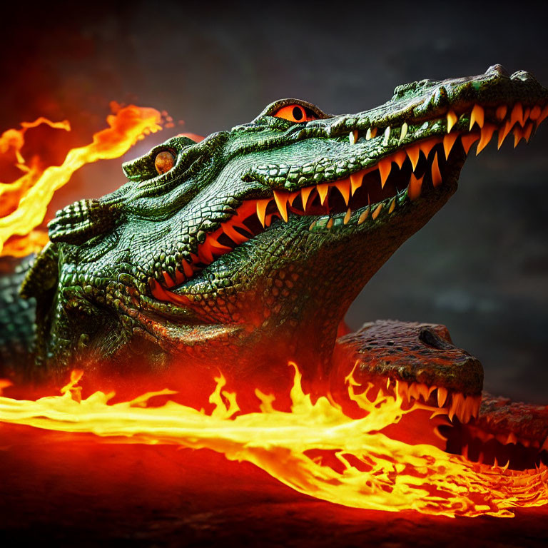 Digital art: Crocodile with glowing eyes emerges from flames