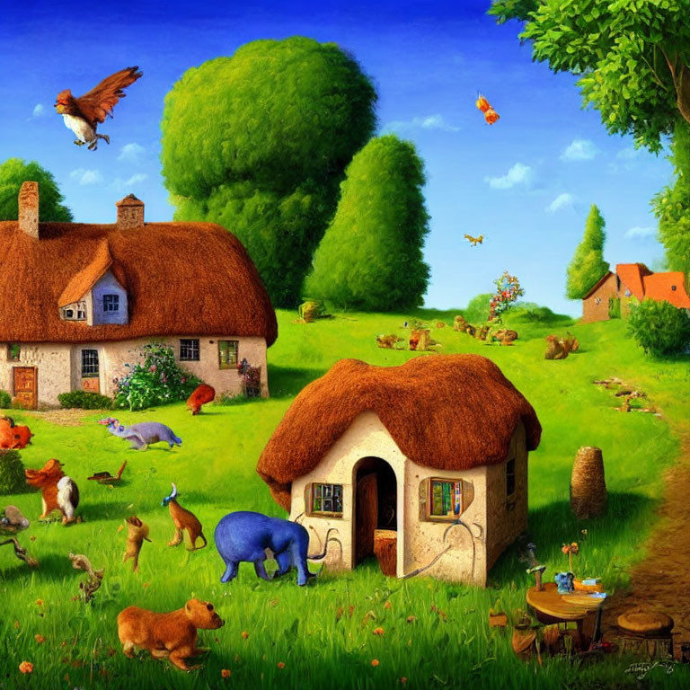 Colorful anthropomorphic animals in whimsical countryside scene.