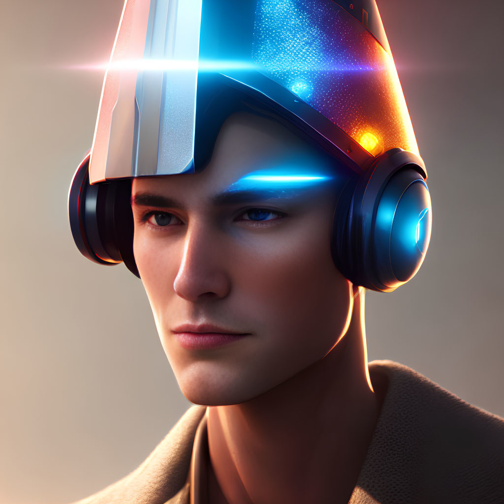 Futuristic digital art portrait of young man with visor and headphones