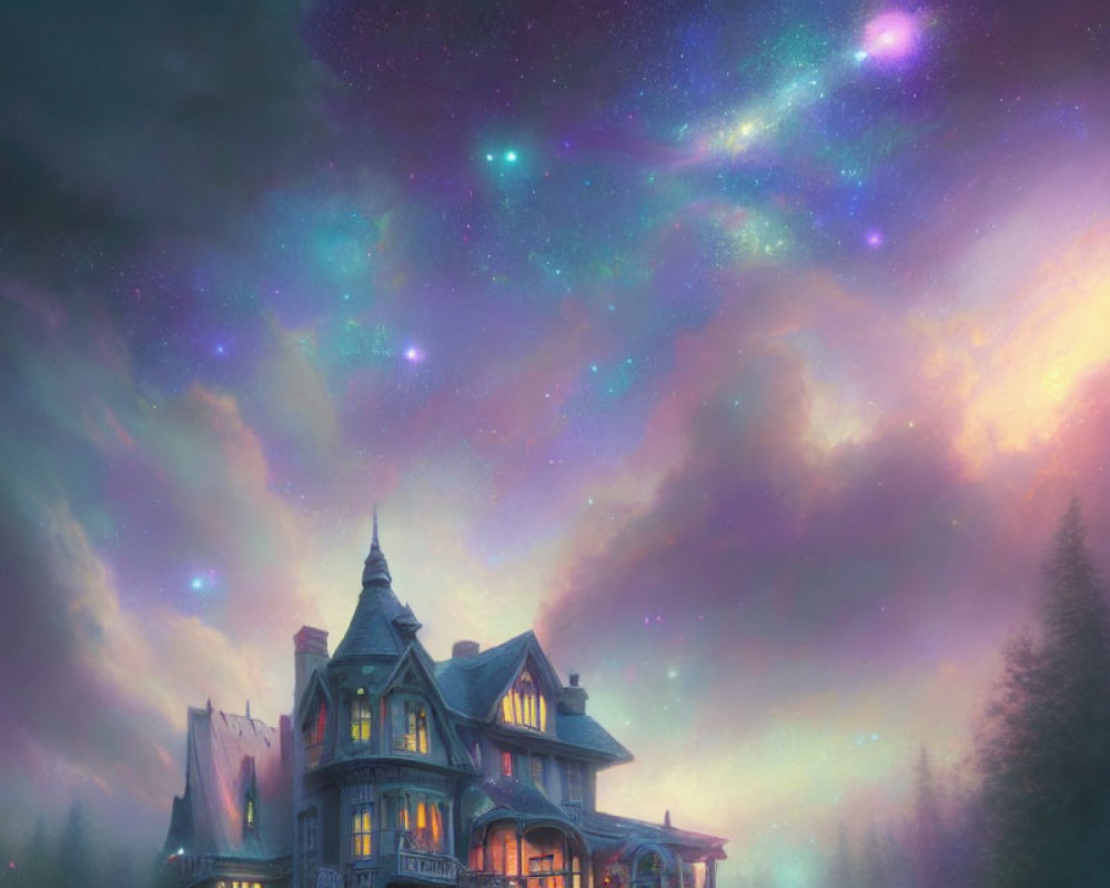 Victorian-style house under vibrant night sky with purple and pink hues