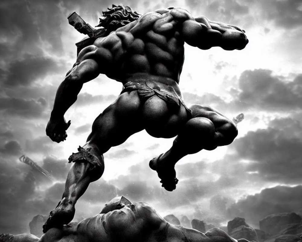 Monochrome heroic figure leaping over rocks with weapon under stormy sky