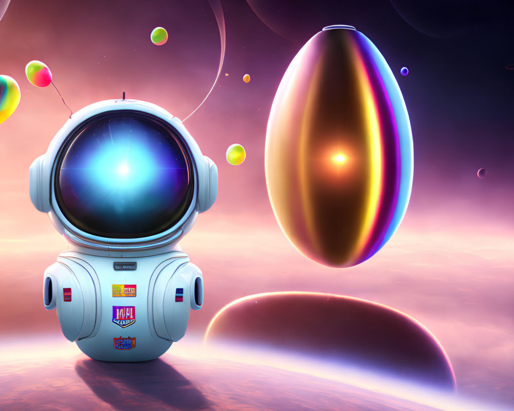 Illustrated astronaut robot with visor screen head near colorful, reflective egg-shaped object in cosmic landscape.