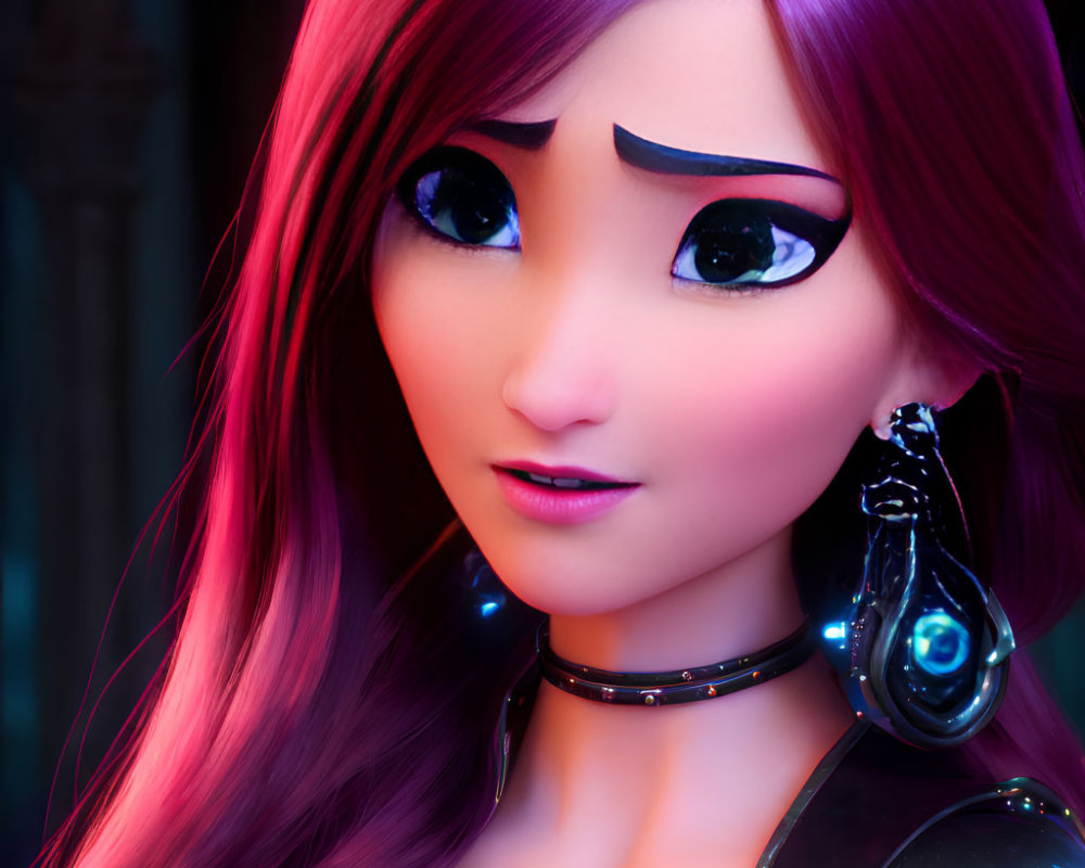 3D animated female character with purple hair and futuristic attire