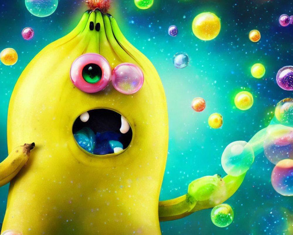 Colorful creature with multiple eyes in space backdrop