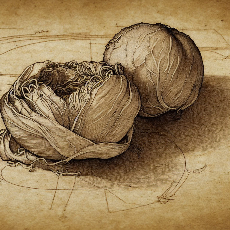 Detailed Sepia-Toned Sketch of Two Cabbages on Textured Paper