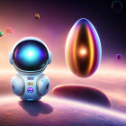 Illustrated astronaut robot with visor screen head near colorful, reflective egg-shaped object in cosmic landscape.