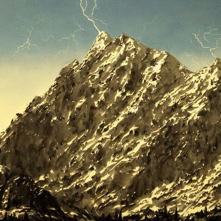 Sepia-Toned Illustration of Rugged Mountain Peak with Lightning