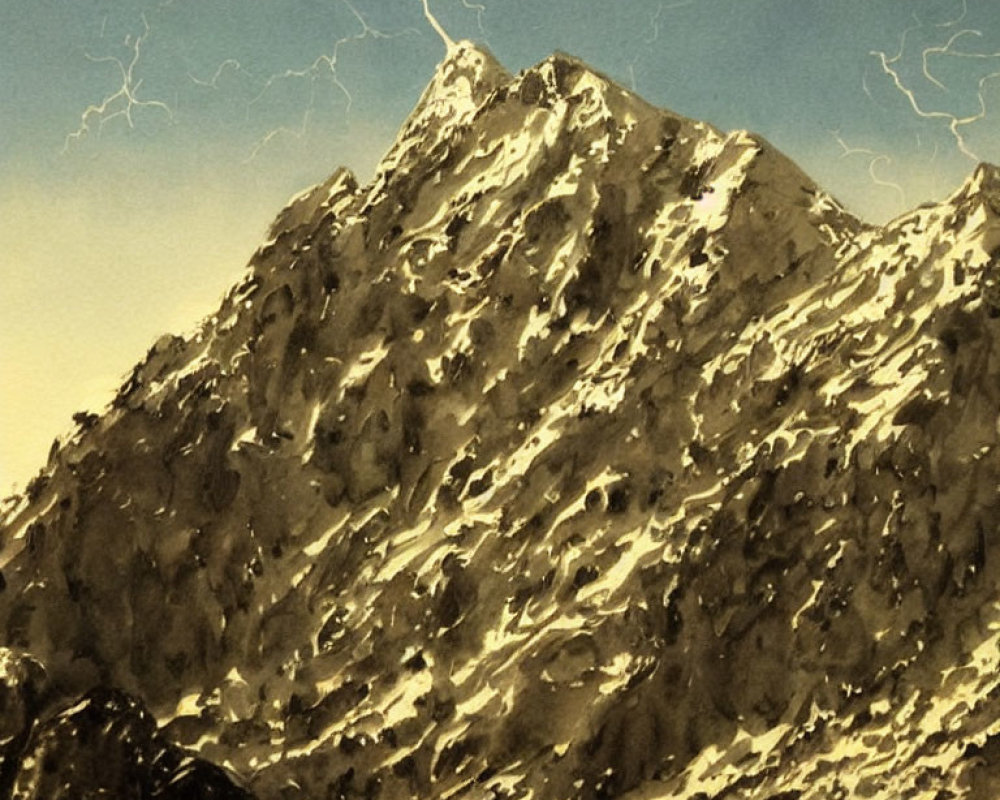 Sepia-Toned Illustration of Rugged Mountain Peak with Lightning