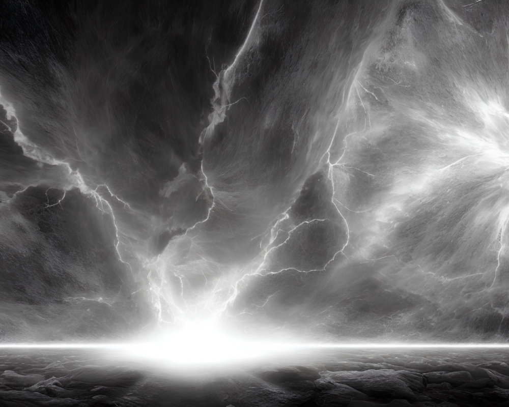 Monochrome image of lightning striking barren landscape