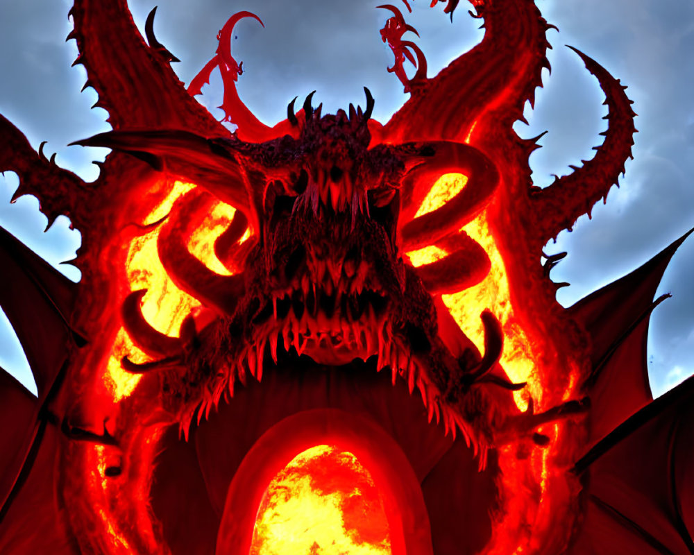 Fiery multi-headed dragon under stormy sky by molten archway