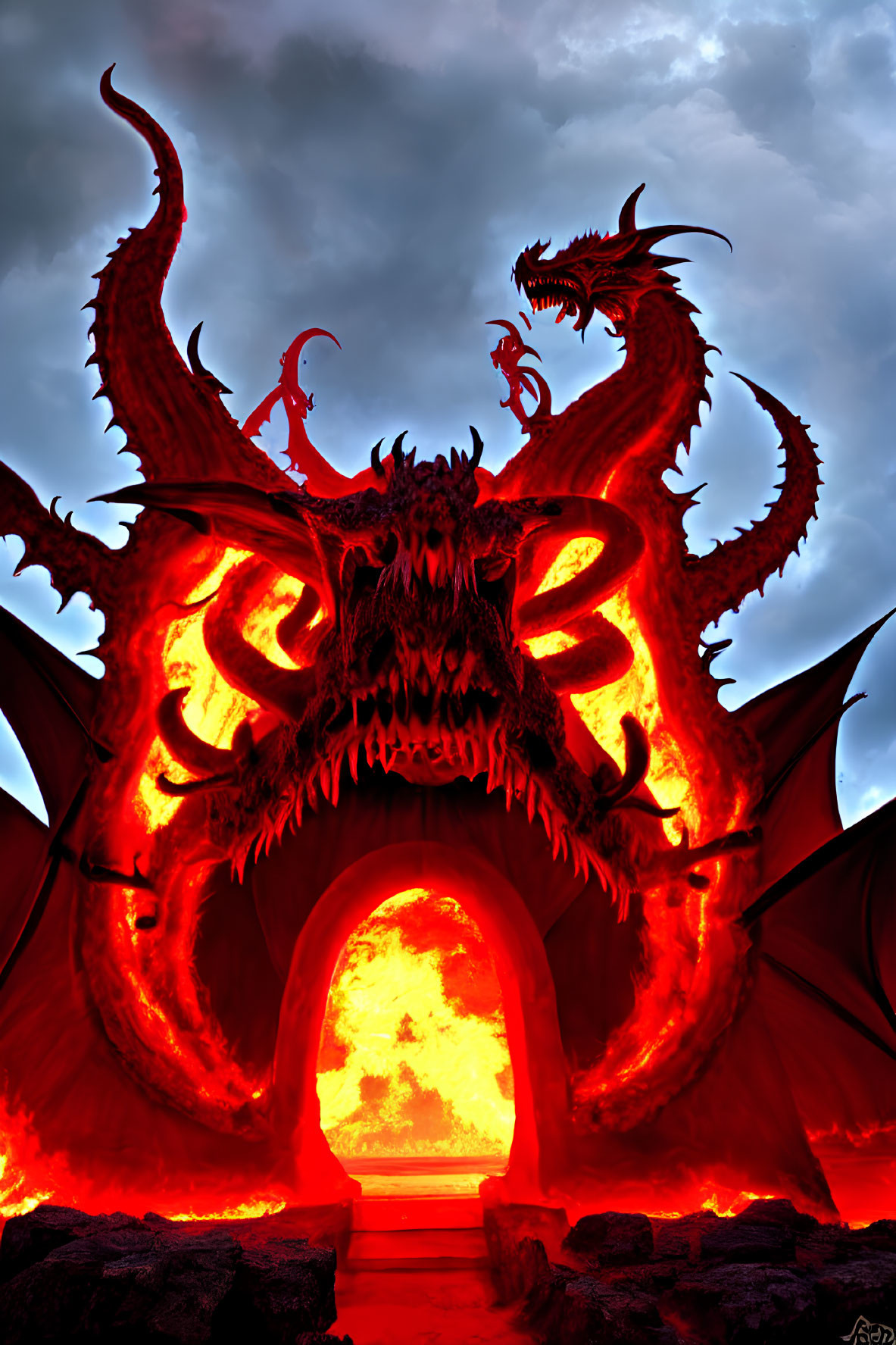 Fiery multi-headed dragon under stormy sky by molten archway