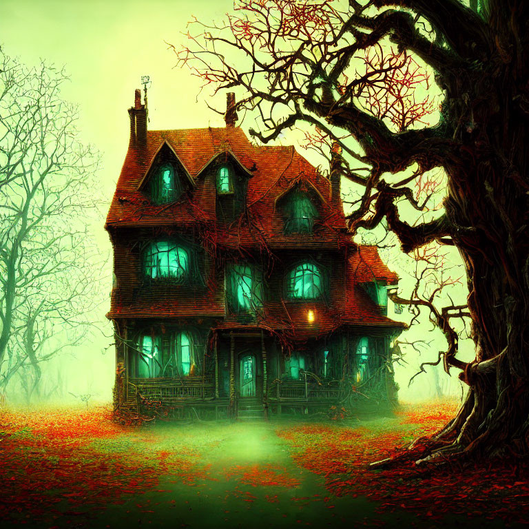 Spooky Victorian house in autumn setting with twisted tree and green glow