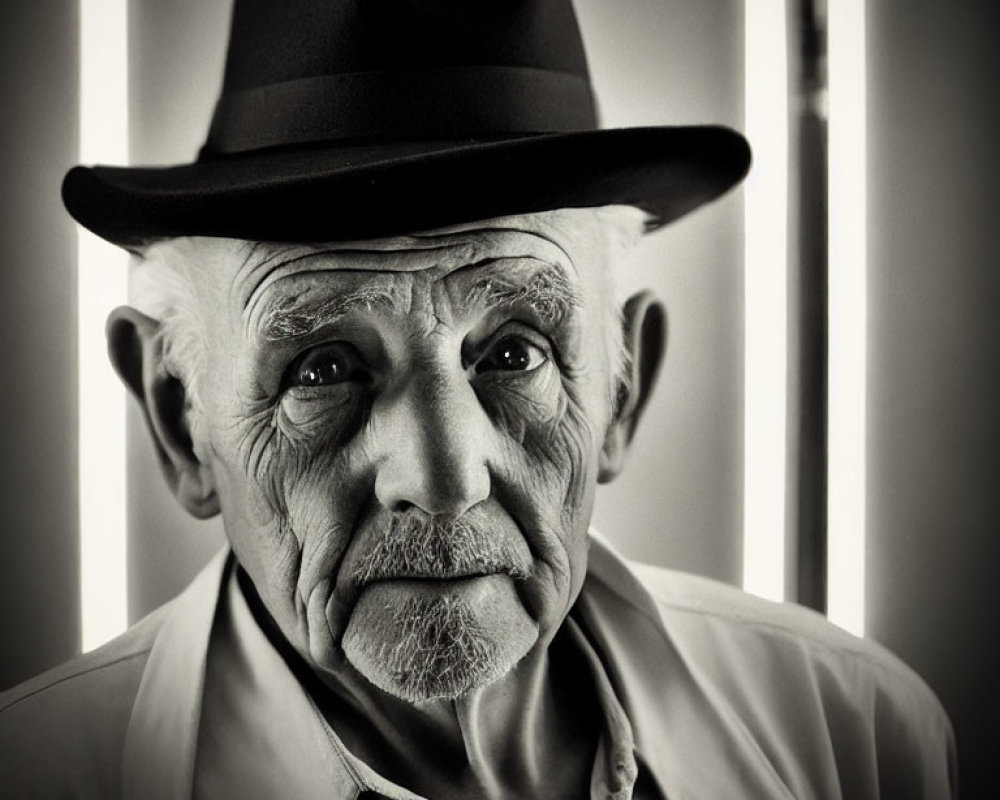 Monochrome portrait of elderly man in fedora with expressive eyes